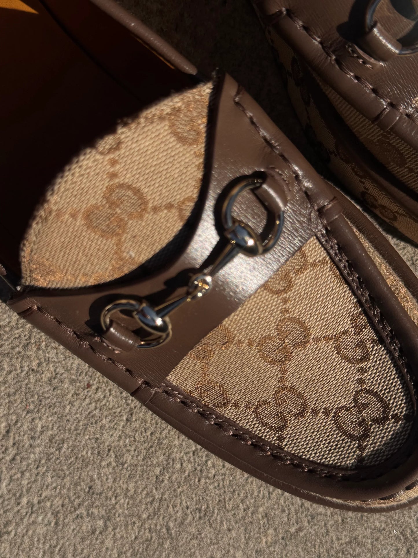 Gucci Horsebit Wedge Loafers in Beige Ebony GG Canvas with Gold Hardware