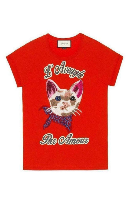  GucciCat Embroidered Cotton-Jersey T-shirt - Runway Catalog