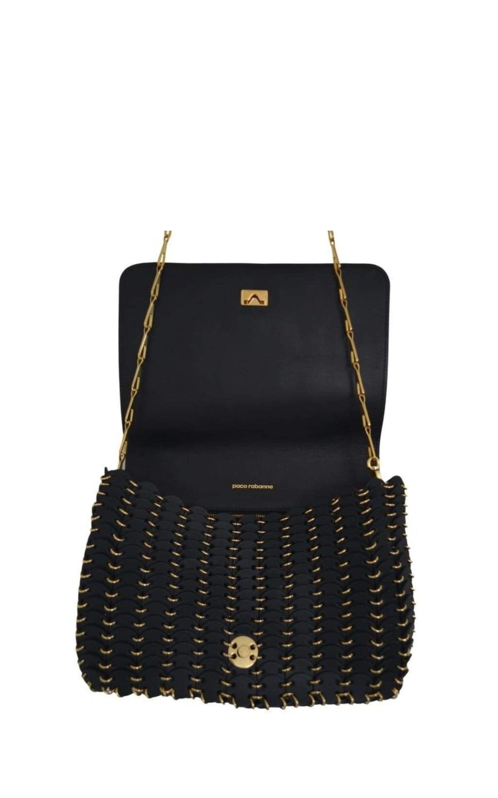 small black shoulder bag with gold chain