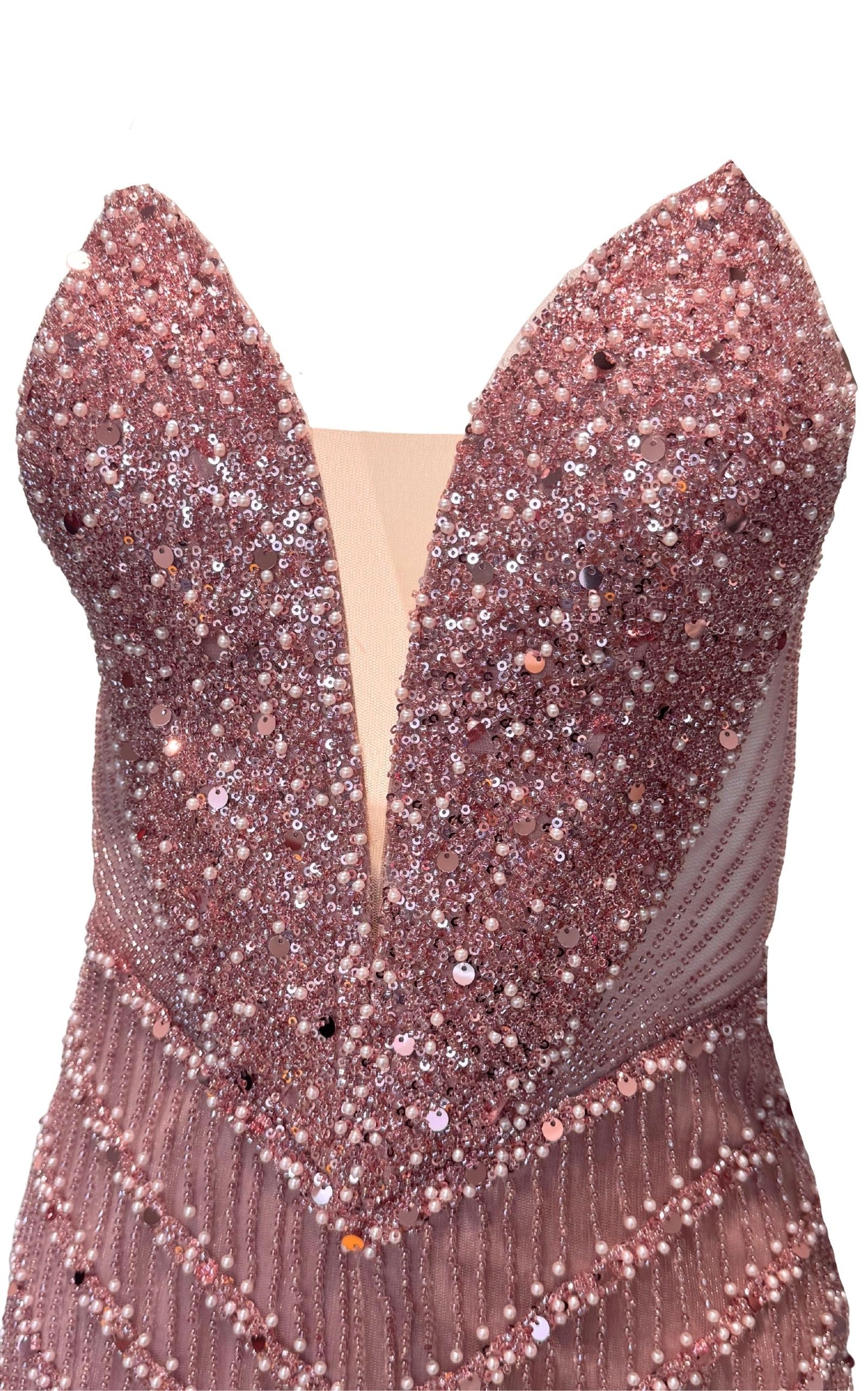 Formal Pink Dress V Plunge Neckline Strapless Beaded Fitted Dress