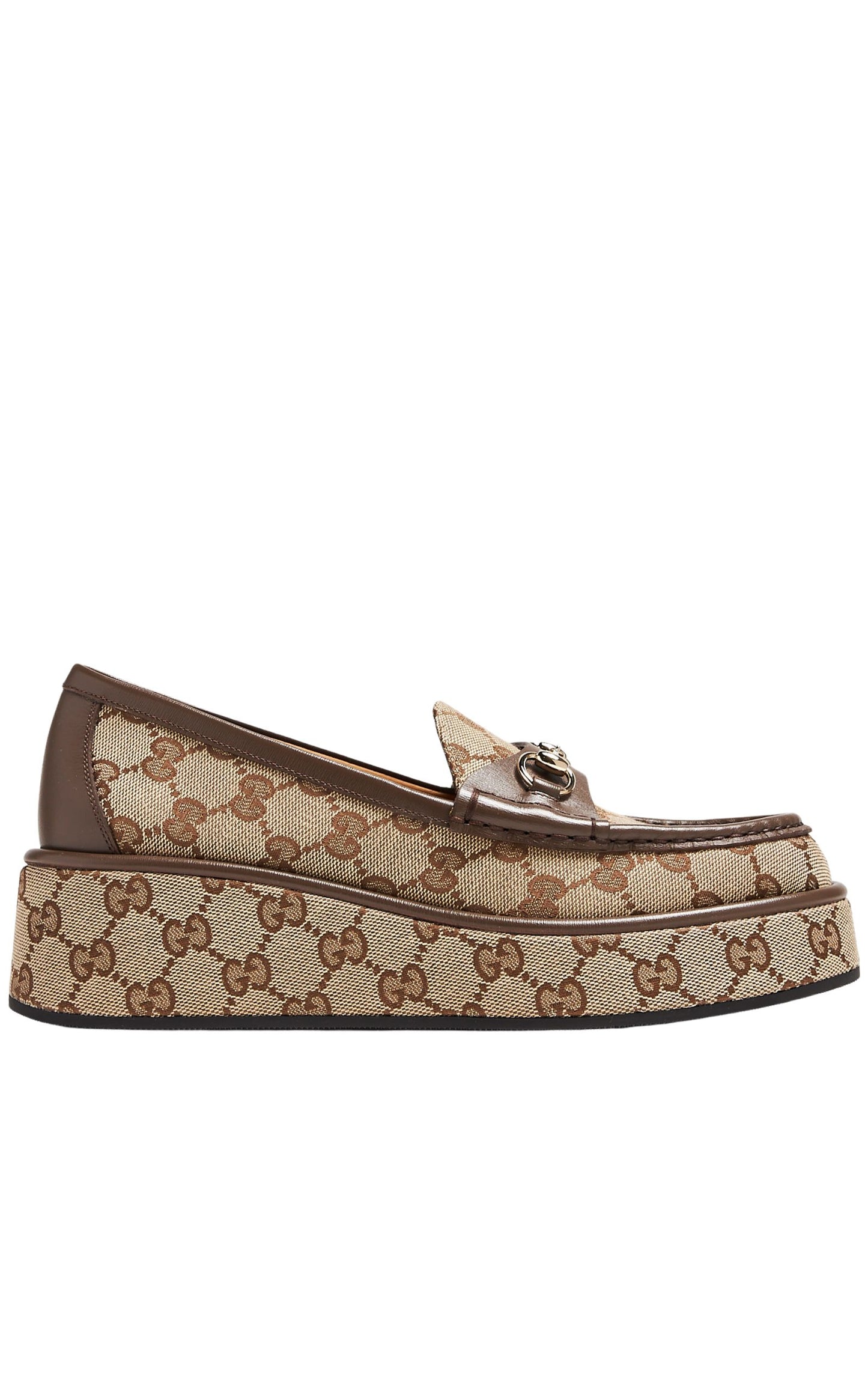 Gucci Horsebit Wedge Loafers in Beige Ebony GG Canvas with Gold Hardware