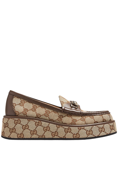 Gucci Horsebit Wedge Loafers in Beige Ebony GG Canvas with Gold Hardware