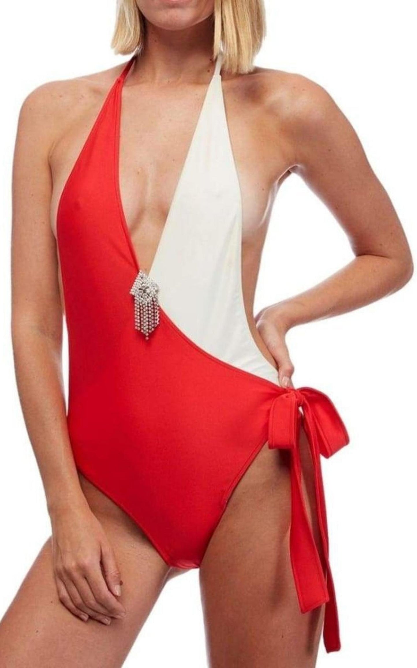  GucciEmbellished Colorblocked White & Red Swimsuit - Runway Catalog