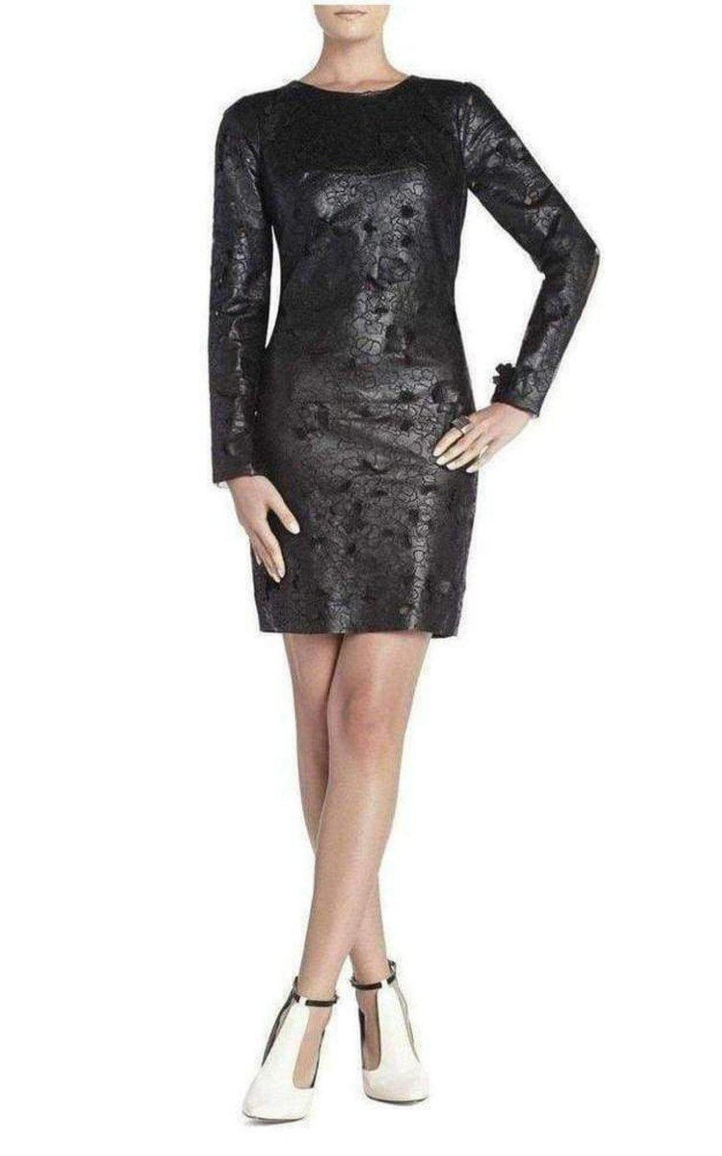  BCBGMAXAZRIAEmbroidered Cutout Faux Leather Dress - Runway Catalog