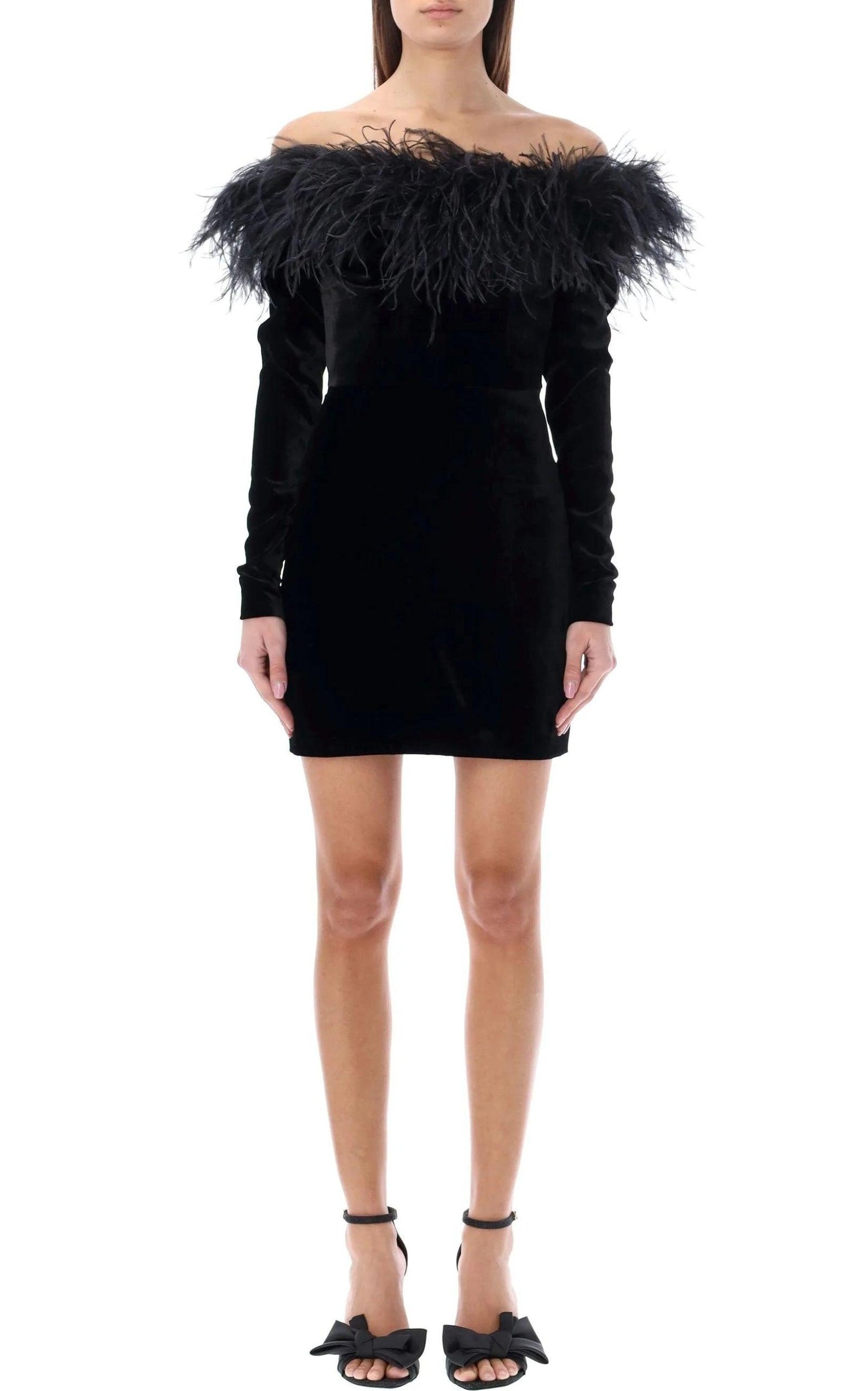  Alessandra RichFeather-trim Velvet Mini Dress - Runway Catalog
