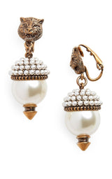  GucciFeline Head Pearl Drop Earrings - Runway Catalog