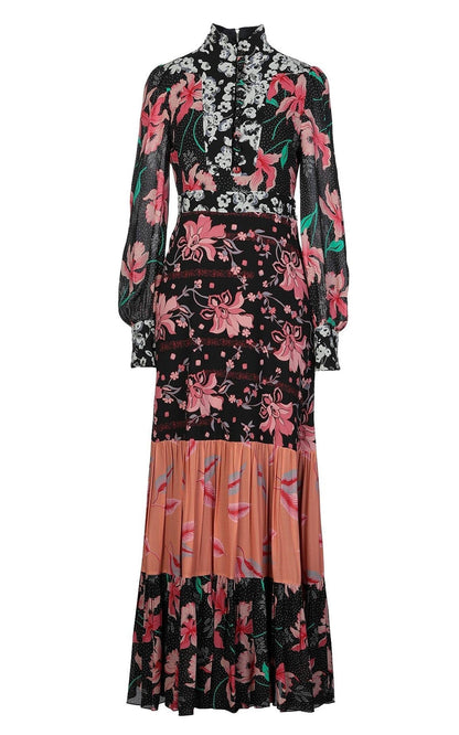  GucciFloral Patchwork-Print Stand-Collar Crepe Dress - Runway Catalog
