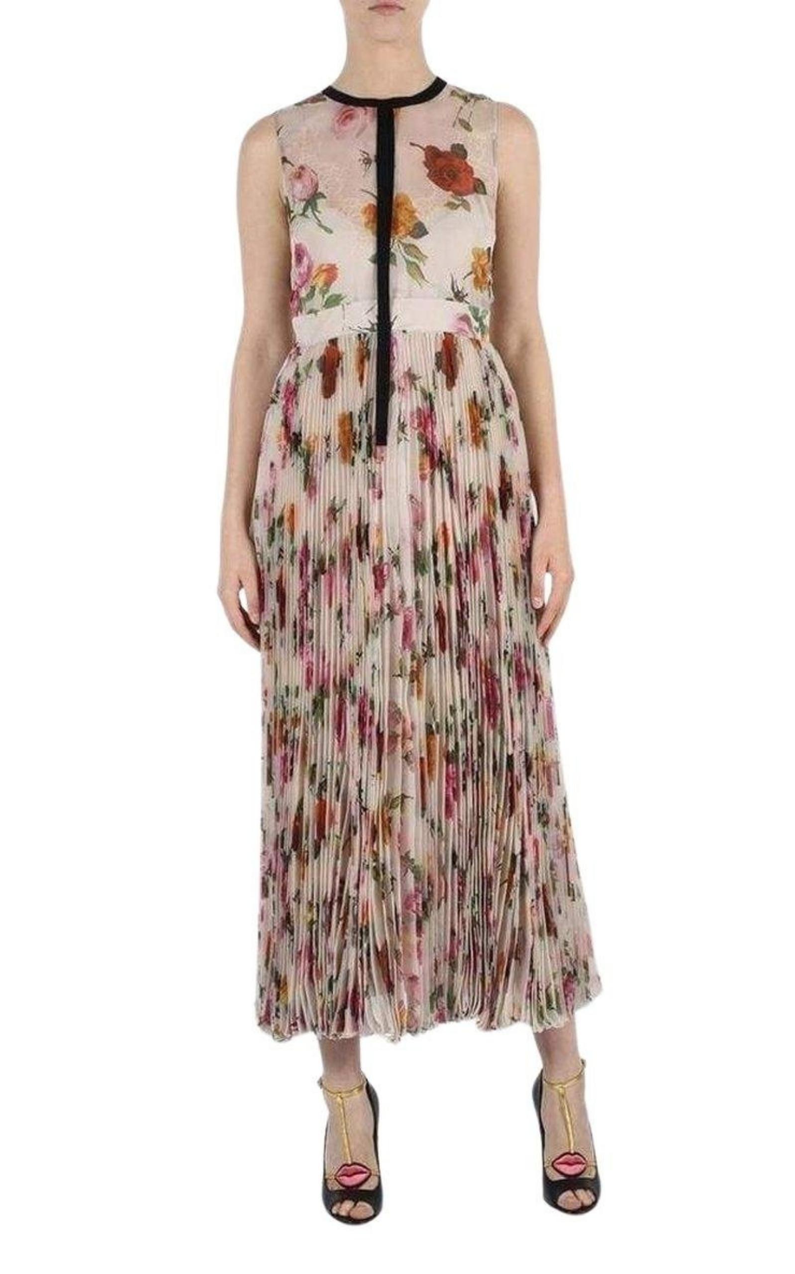  GucciFloral Patterned Pleated Silk Dress - Runway Catalog