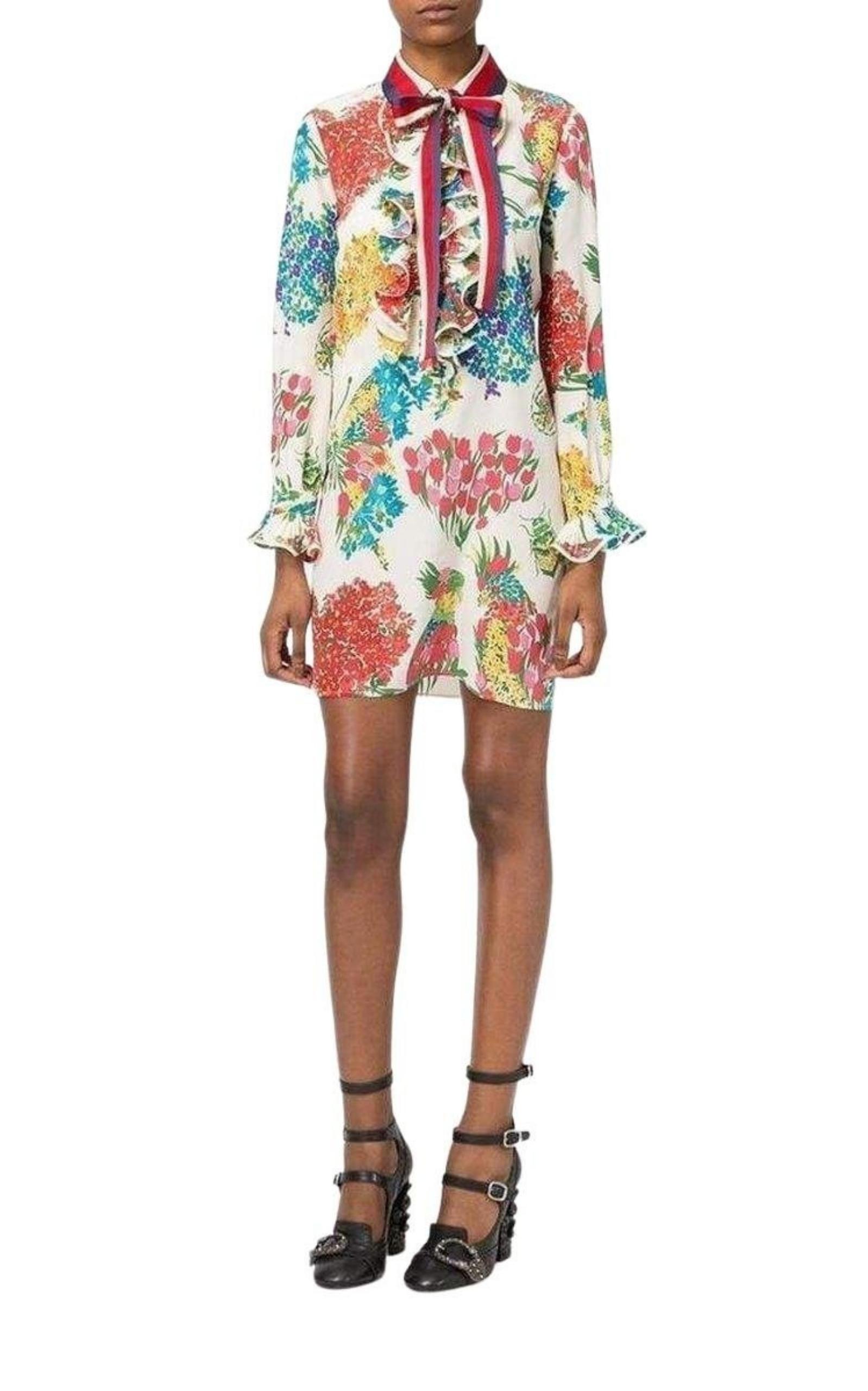 Gucci Floral Print Ruffle Trim Shirt Dress | Runway Catalog