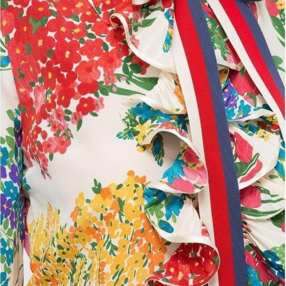 Gucci-Floral Print Ruffle Trim Shirt Dress - Runway Catalog