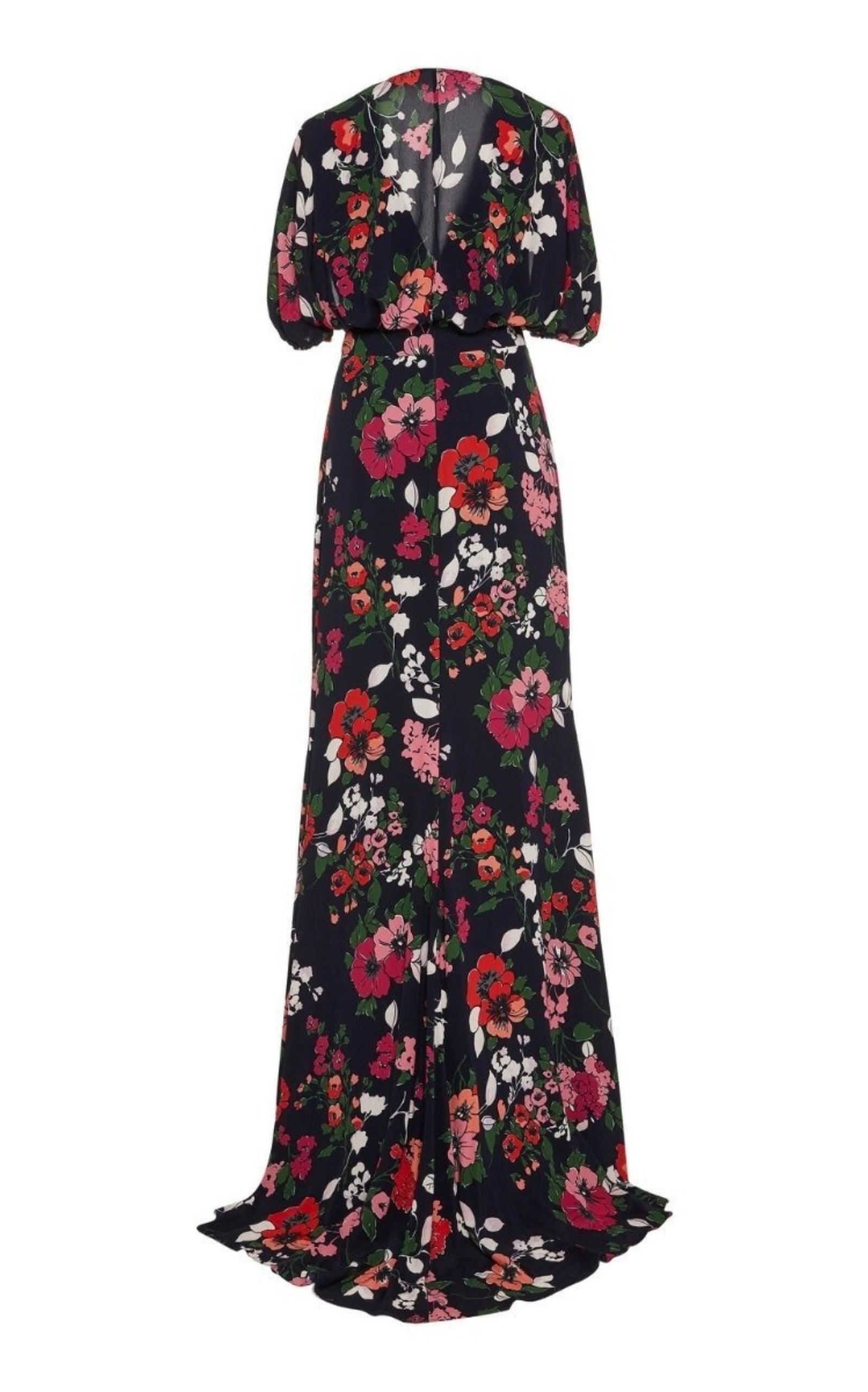 Lela RoseFloral Printed Georgette V-Neck Gown - Runway Catalog
