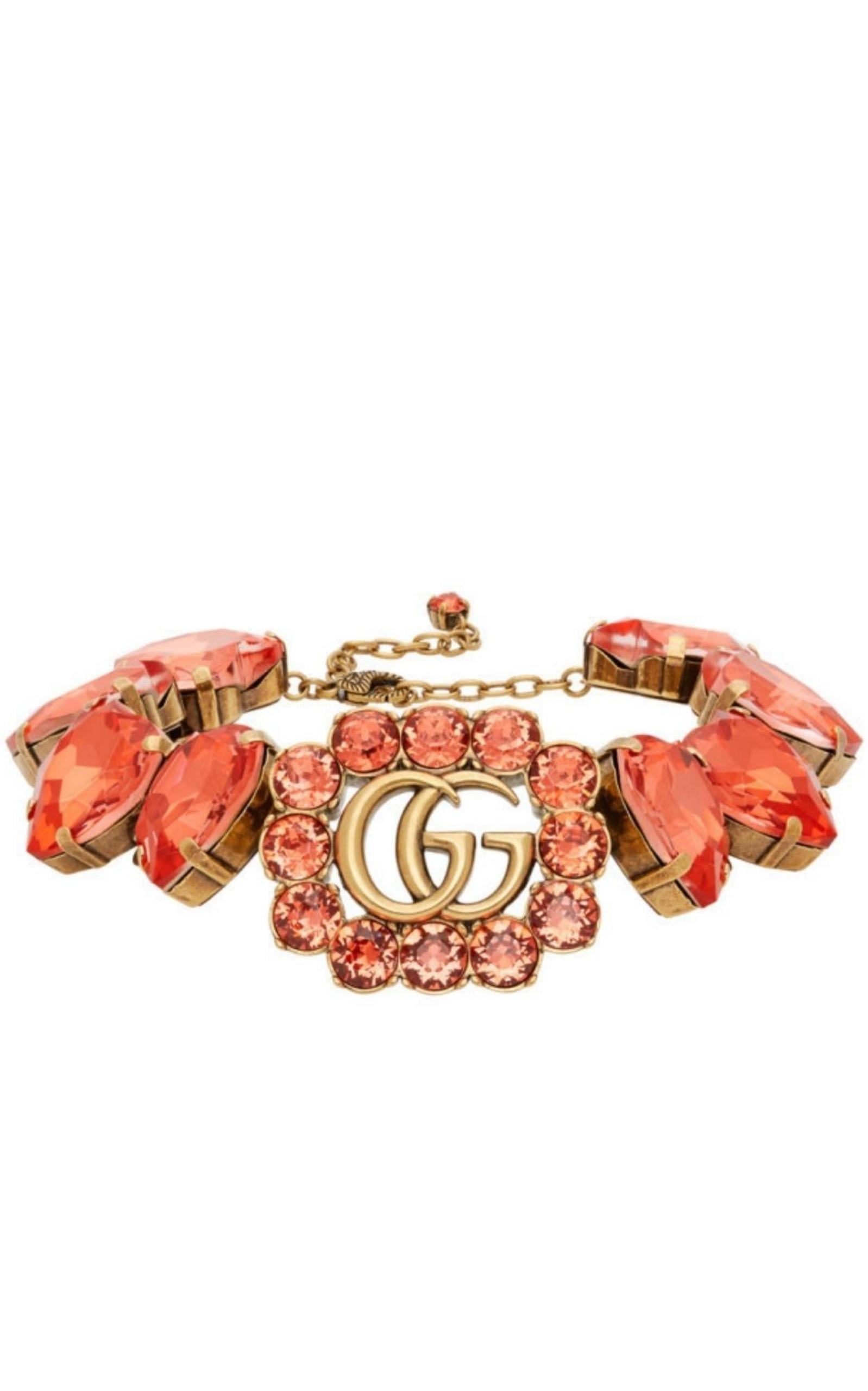 GUCCI Crystal Embellished Strawberry Necklace Red Aged Gold 973809