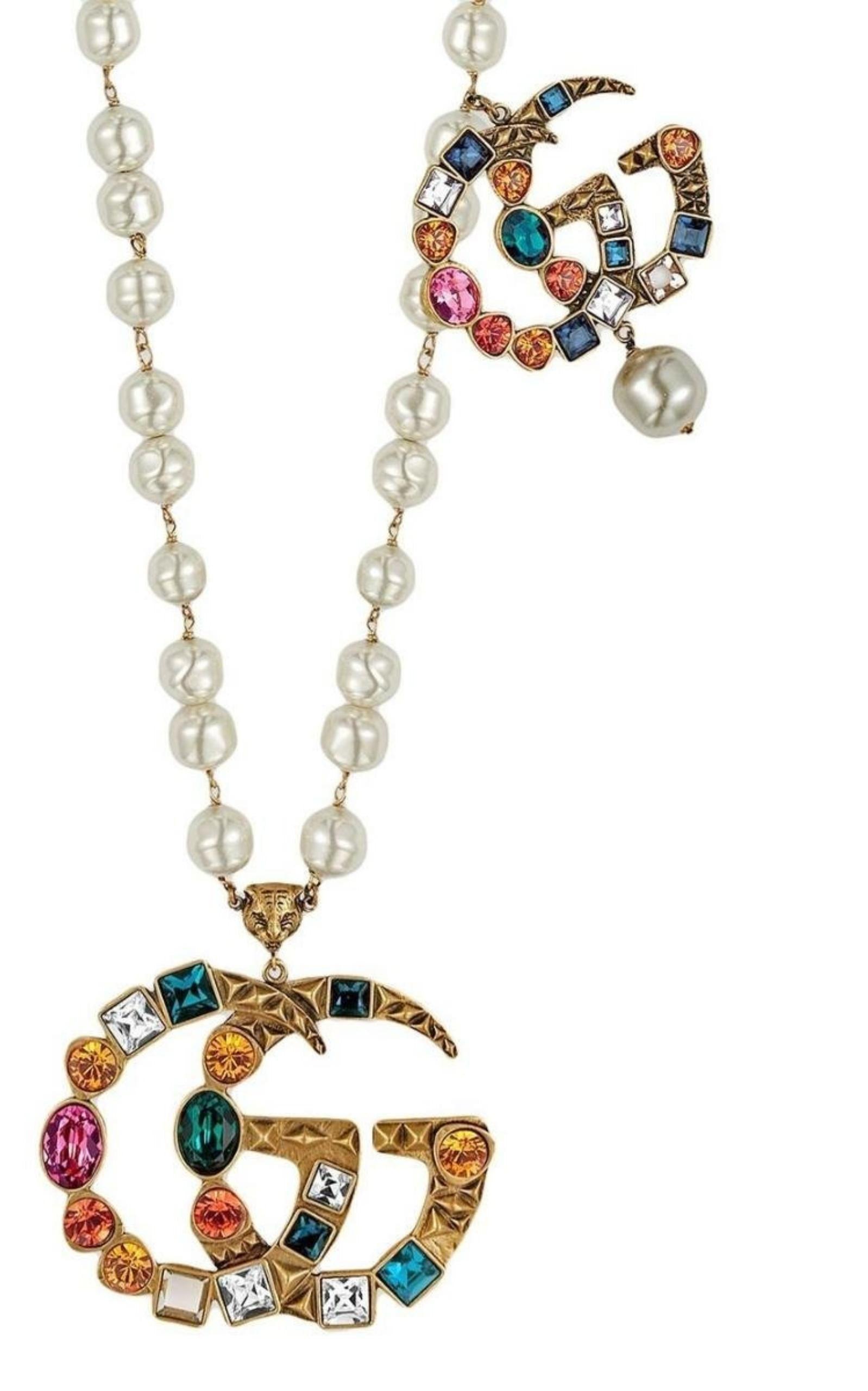  GucciGold-plated Metal Double G Crystal  Necklace - Runway Catalog