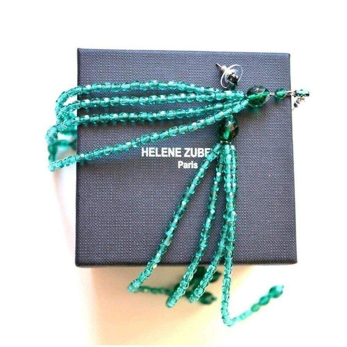  Helene ZubeldiaGreen Crystal & Glass Beads Dangling Earrings - Runway Catalog