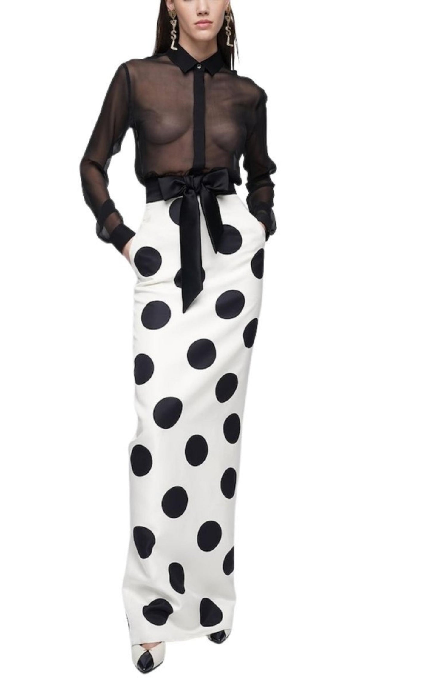  Saint LaurentHigh Waist Polka Dot Silk Twill Skirt - Runway Catalog
