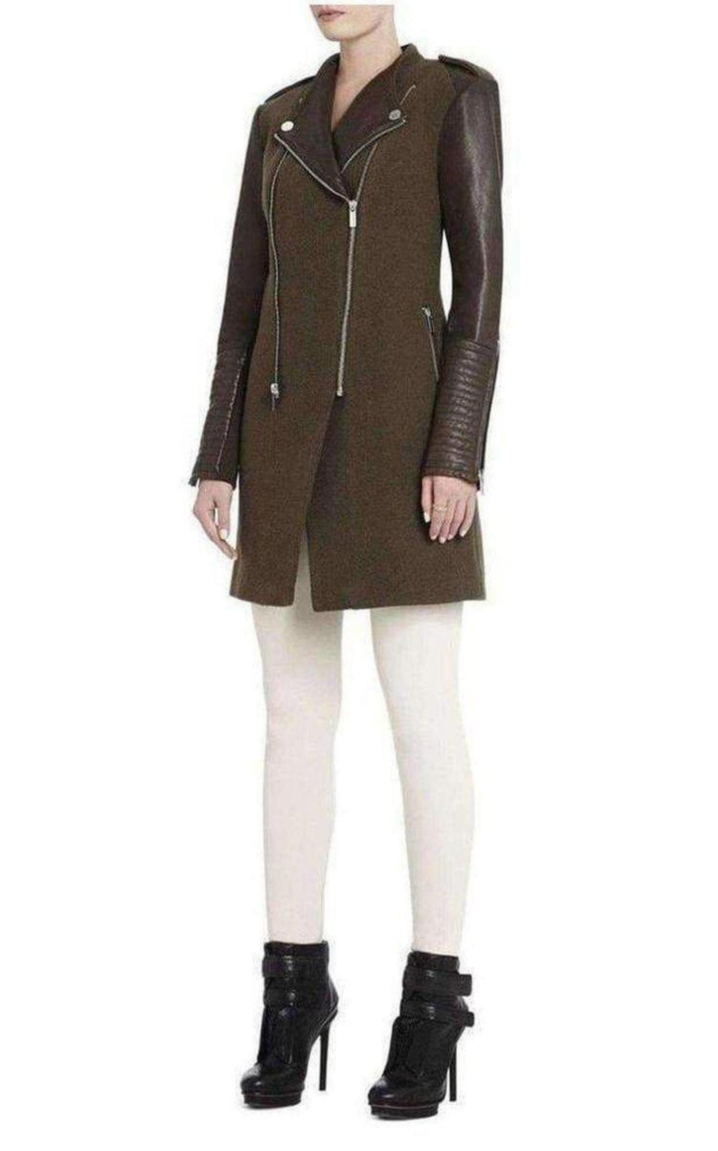 Julia Contrast Leather Sleeves Coat