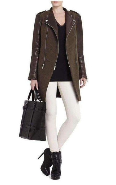 BCBGMAXAZRIA Julia Contrast Leather Sleeves Coat Runway