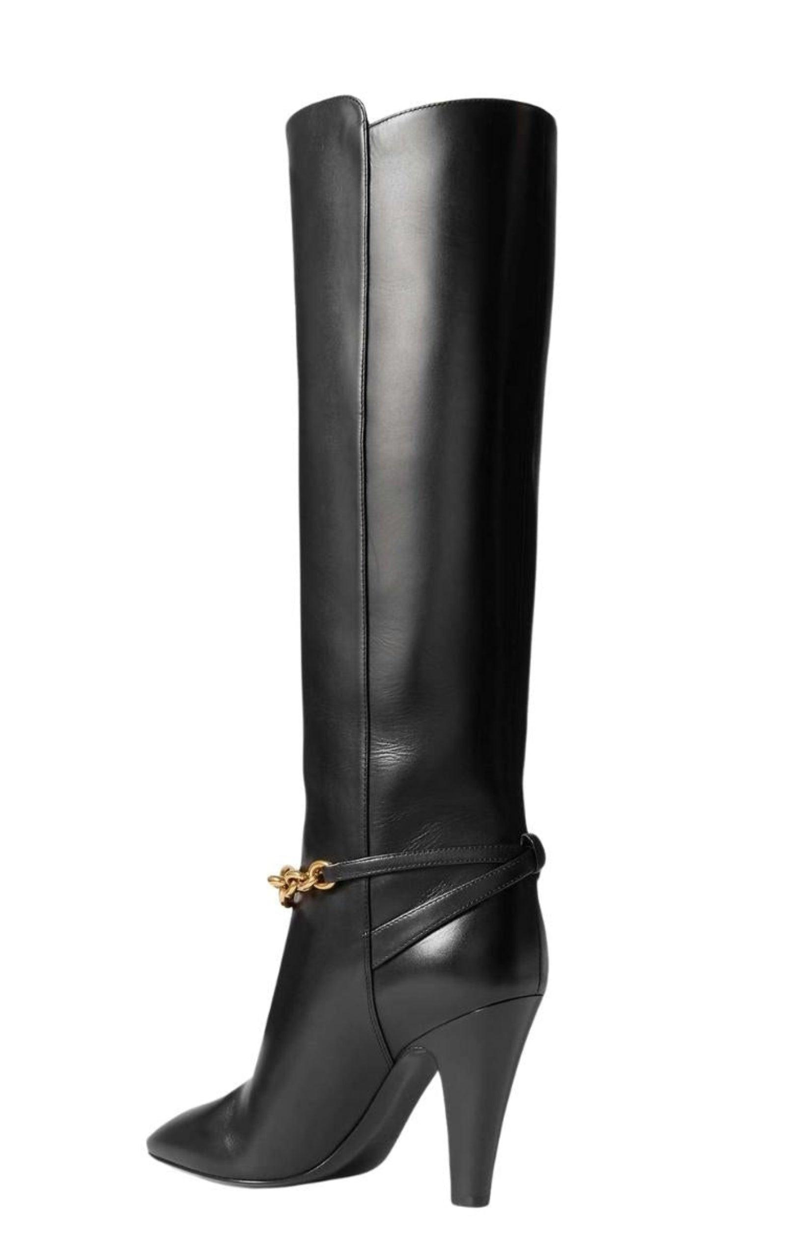  Saint LaurentLe Maillon Chain-embellished Leather Knee Boots - Runway Catalog