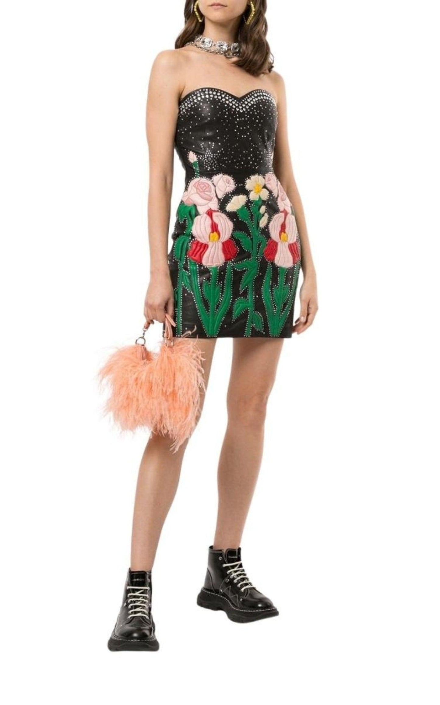  GucciLeather Flower Intarsia Strapless Dress - Runway Catalog