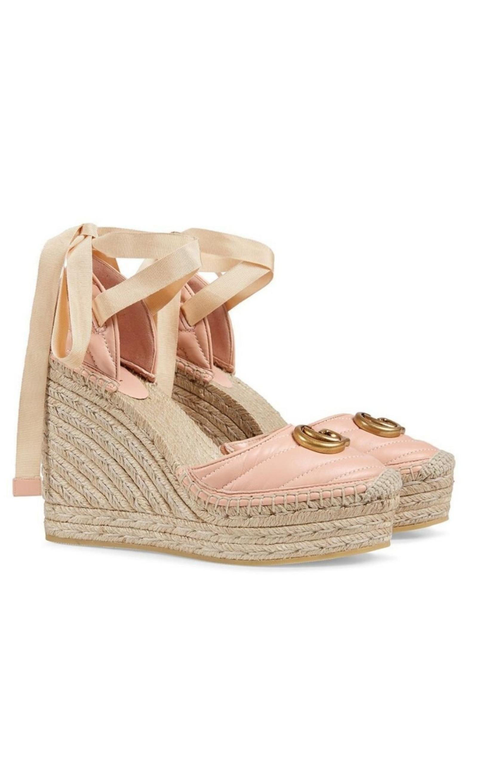 Gucci Metallic Leather Web Platform Ankle Strap Espadrille Wedge Sandals  Size 37 For Sale at 1stDibs