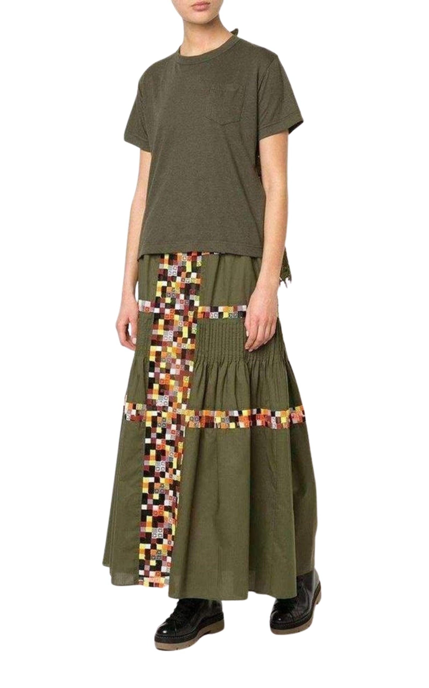  SacaiMilitary Green Embroidered Long Skirt - Runway Catalog