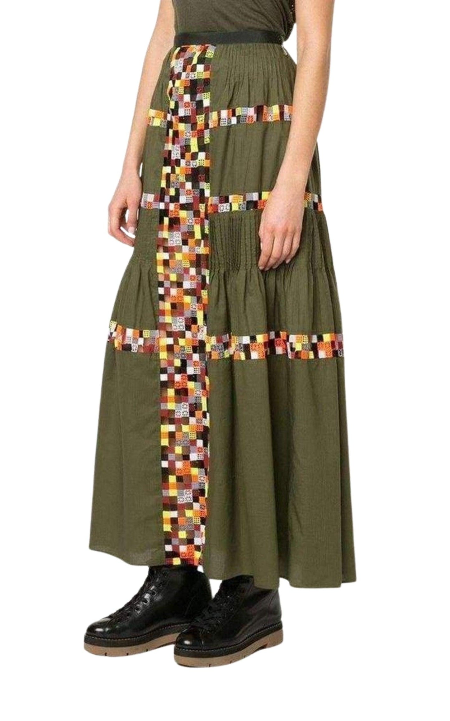  SacaiMilitary Green Embroidered Long Skirt - Runway Catalog
