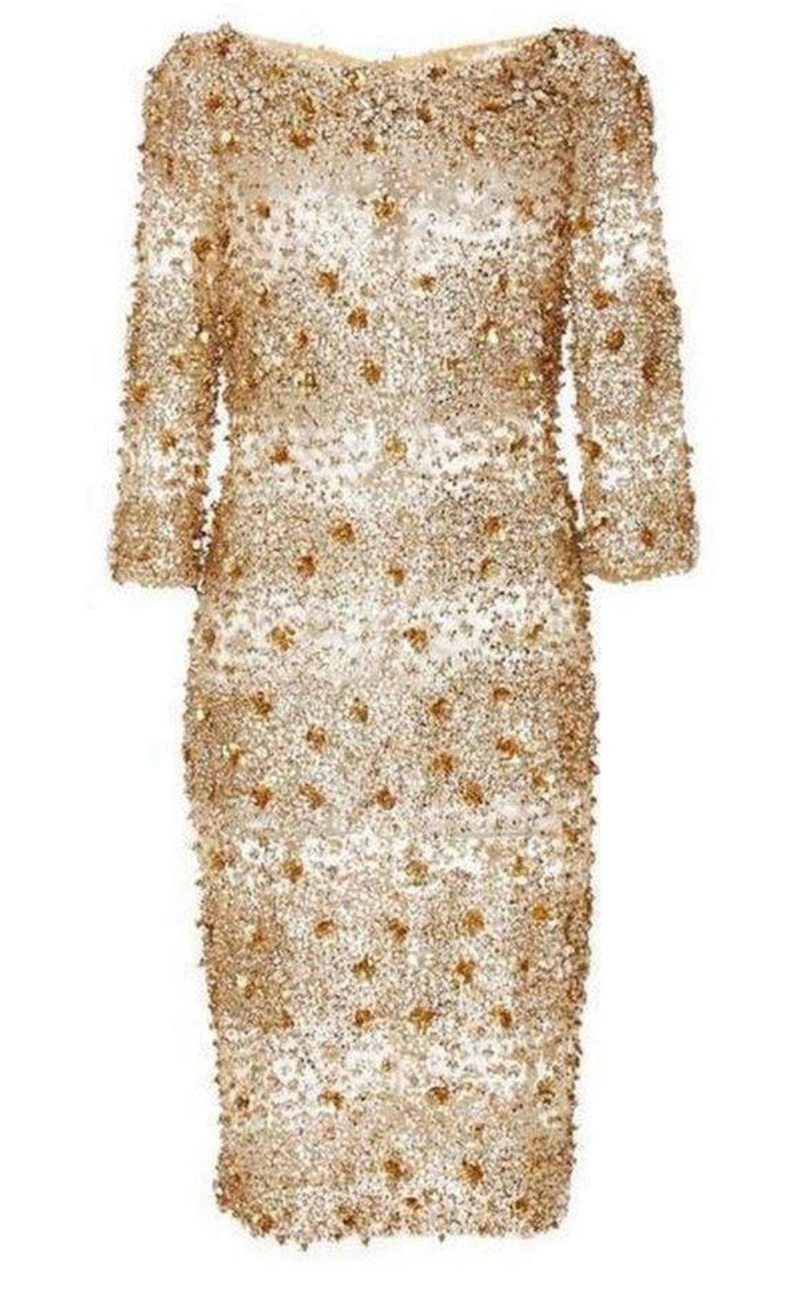  Naeem KhanNaeem Khan Beaded Gold Fitted Cocktail Dress - Runway Catalog
