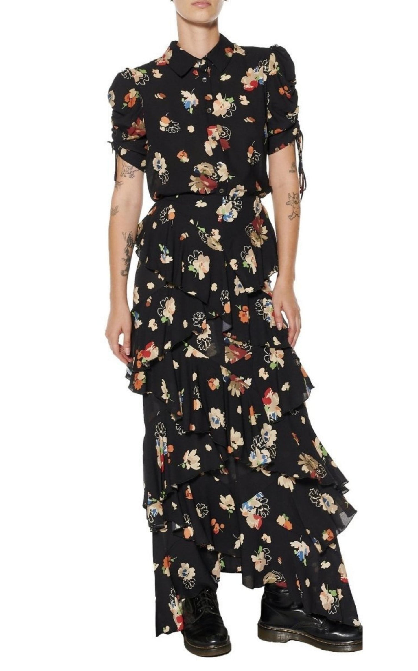 Nina Simone Floral Ruffle Silk Skirt