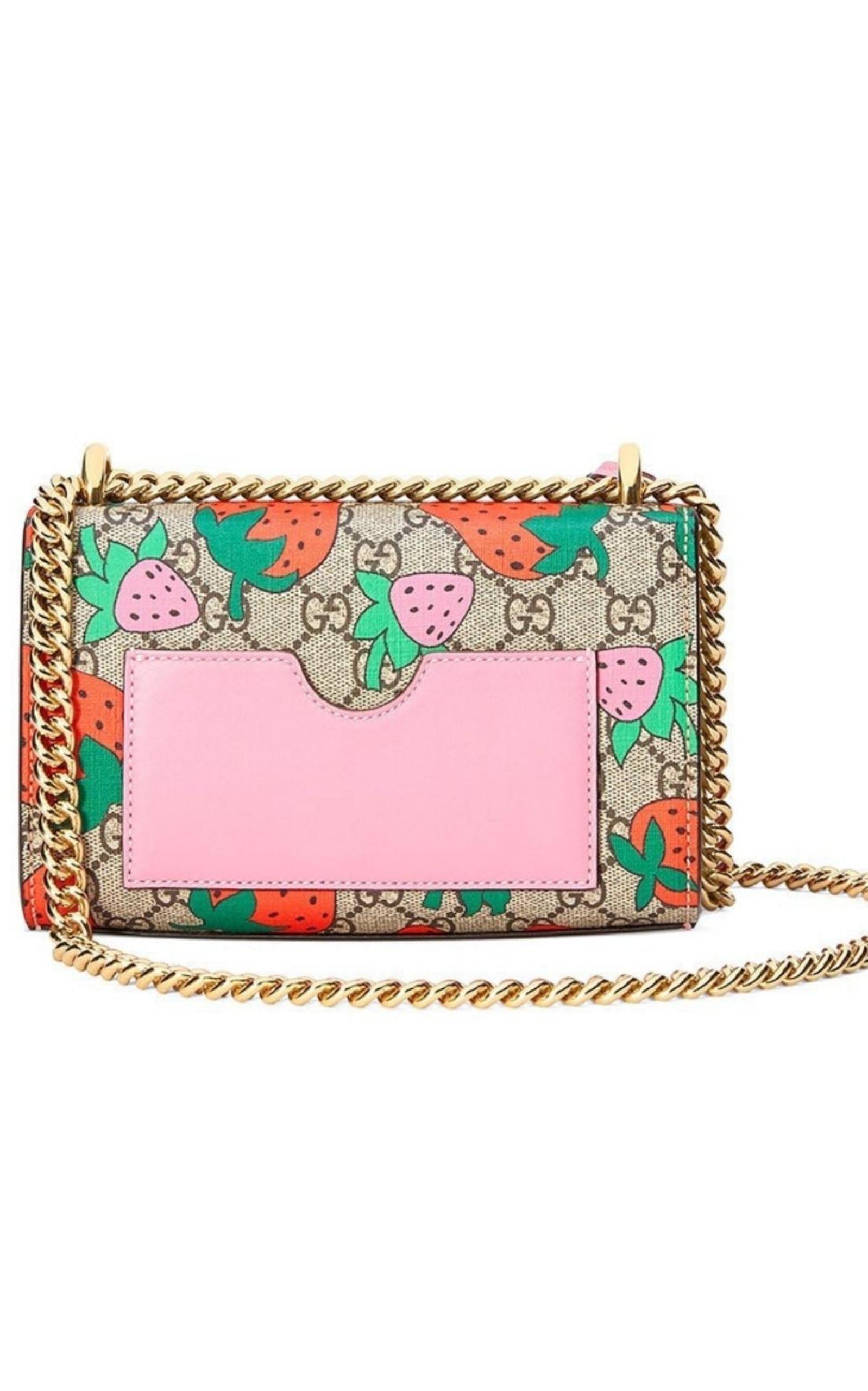 New Gucci Strawberry Cherry Logo Pink Leather Padlock Shoulder Bag