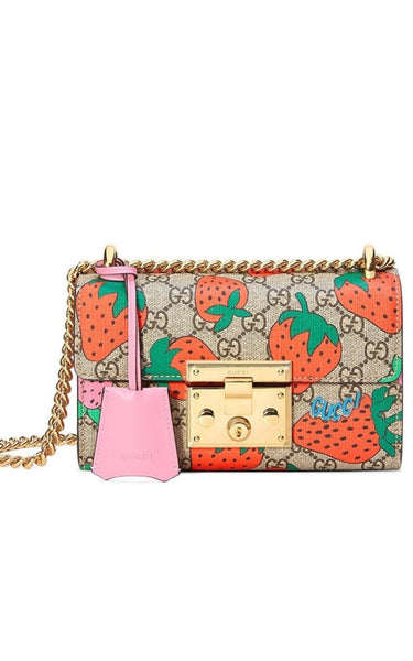 GORGEOUS 🌸Auth GUCCI GG Supreme Strawberry Small Padlock Shoulder Bag 🌺