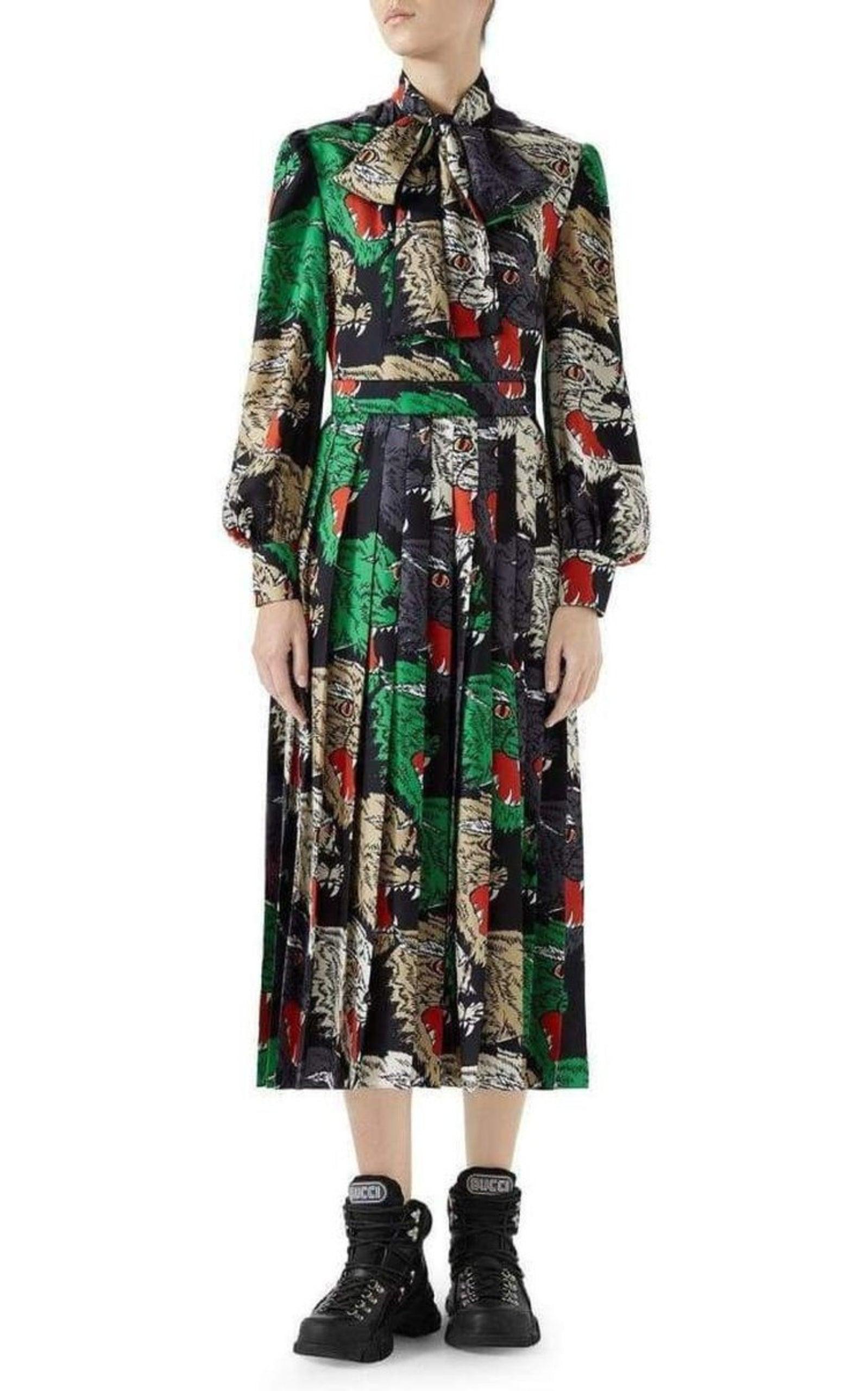 Gucci Pleated Rainbow-Panther Face Silk Twill Dress | Runway Catalog