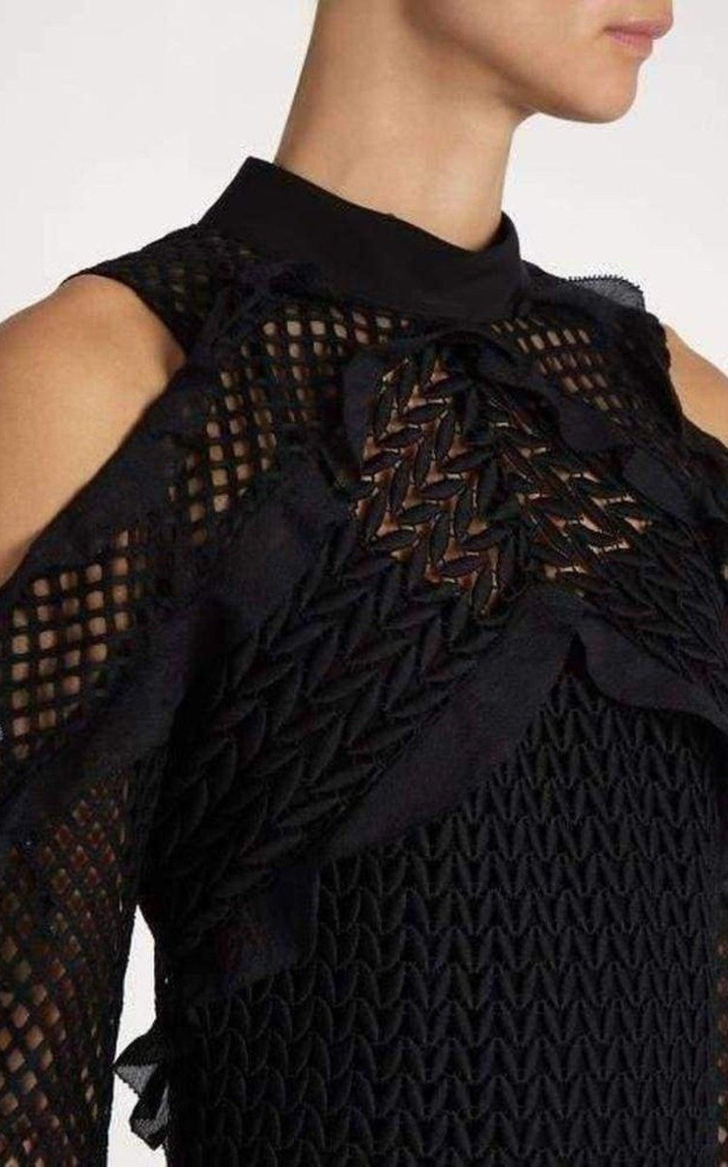  Self-PortraitPurl Knit Lace Cut-out Shoulder Dress - Runway Catalog