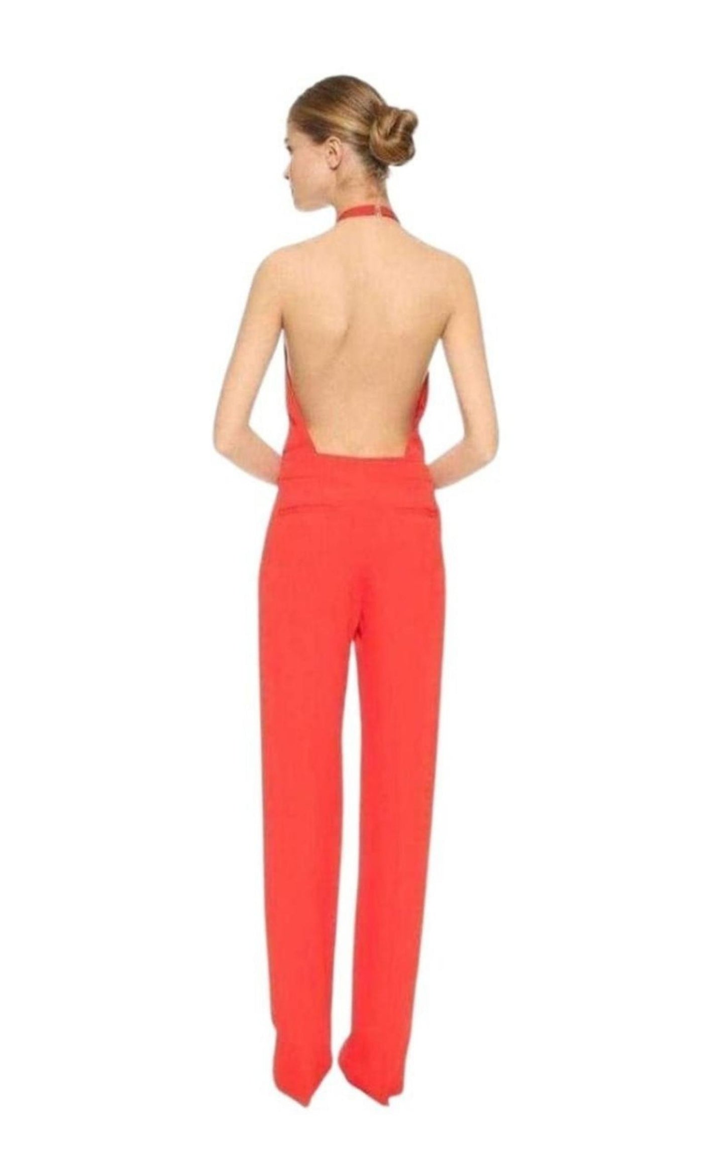  Nina RicciRed Open Back Sleeveless Silk Jumpsuit - Runway Catalog