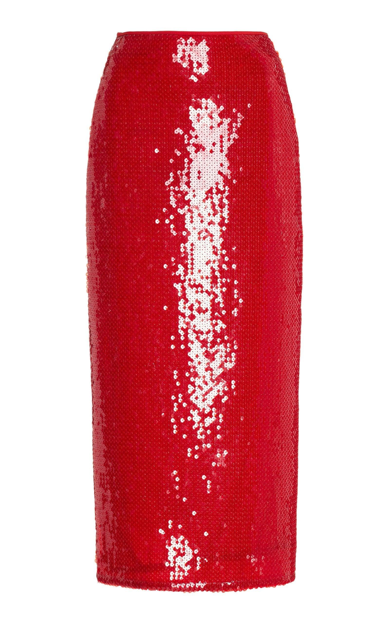 David Koma Red Sequinned Midi Skirt | Runway Catalog