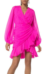  Giambattista ValliRuched Neon Silk-Chiffon Mini Dress - Runway Catalog