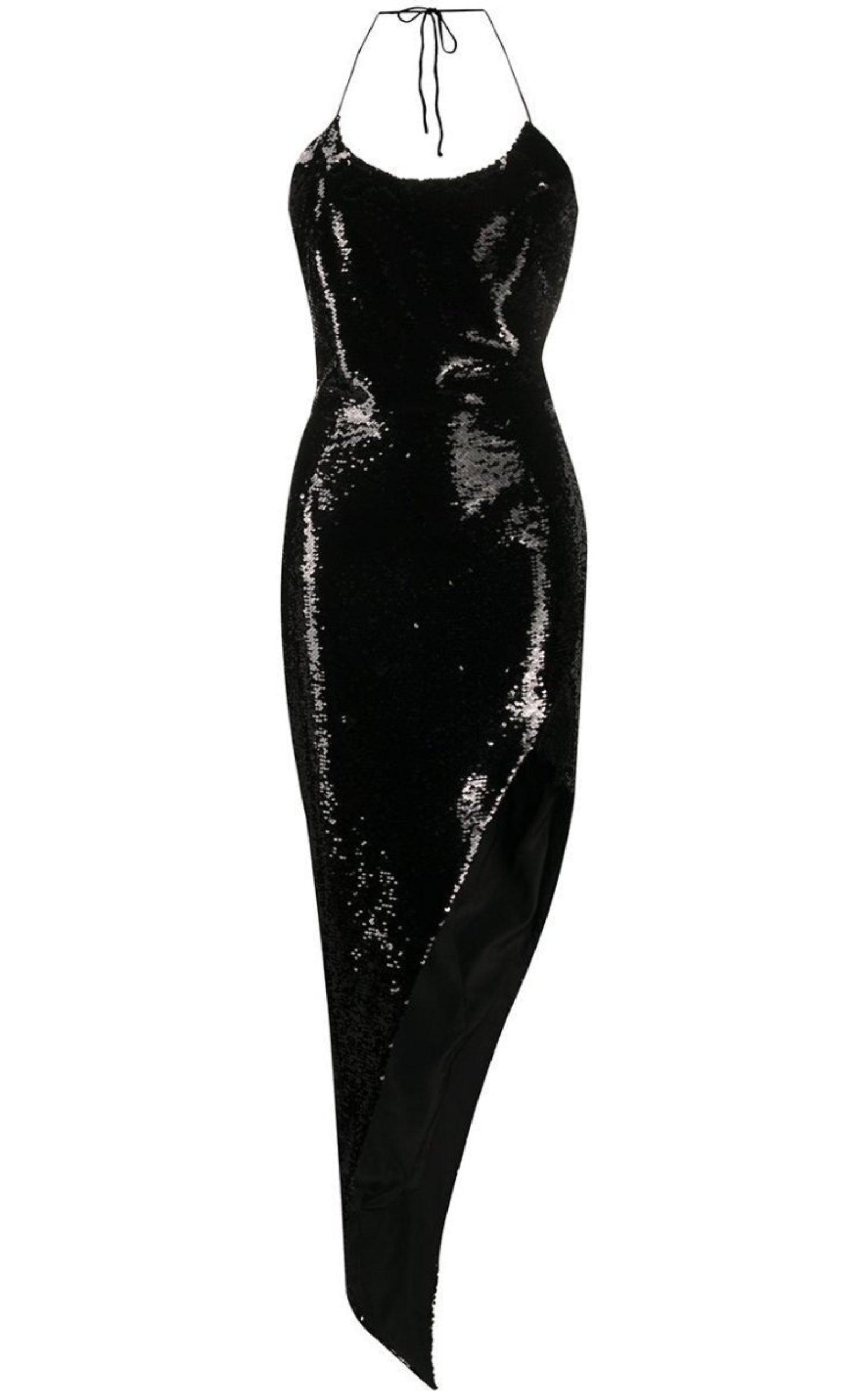 Thin Straps Asymmetric Dress - Black
