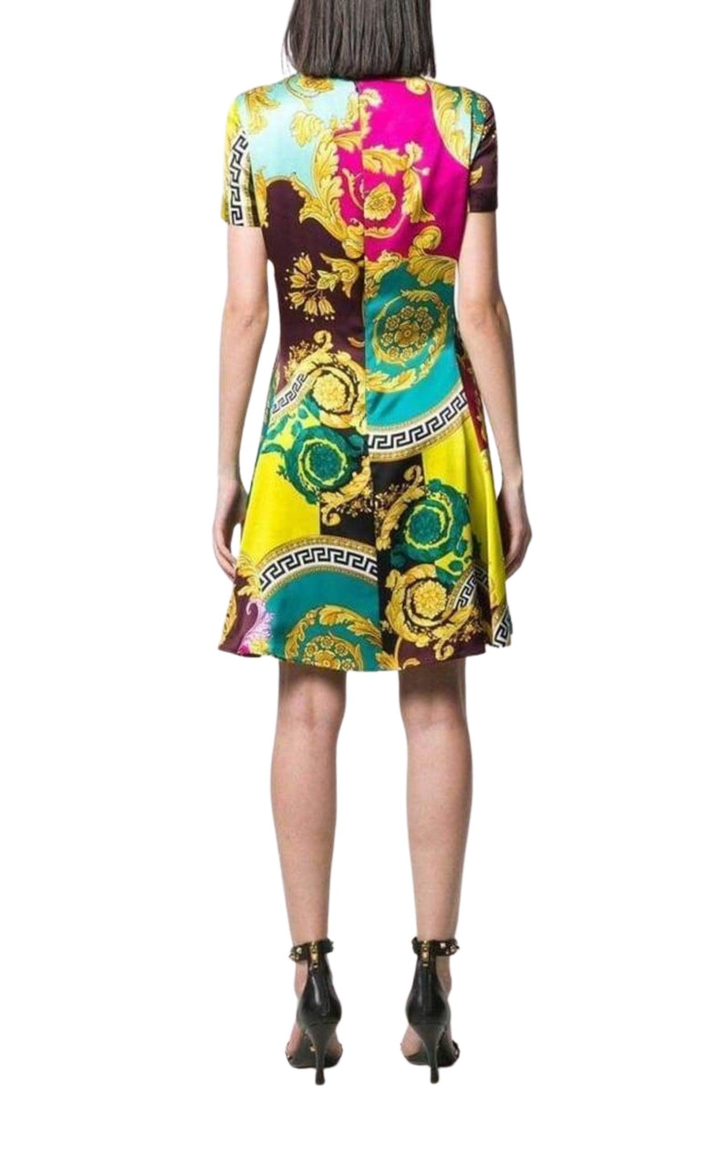  VersaceShort-Sleeve Multicolored Silk Dress - Runway Catalog