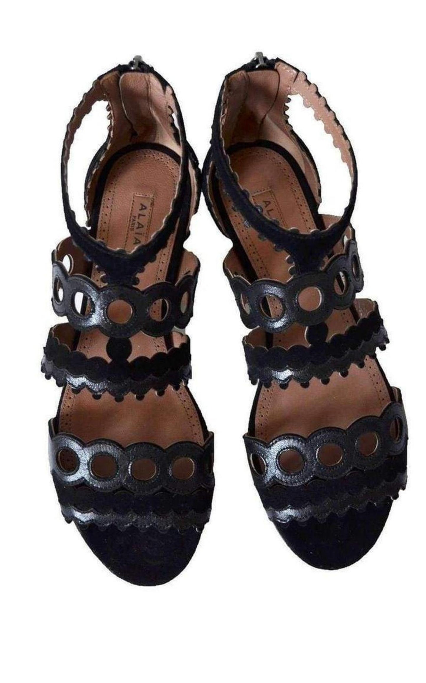  AlaïaSuede Leather Circle Detail Ankle Strap Sandals - Runway Catalog