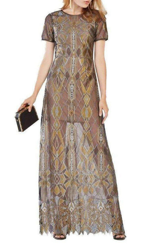 Taliah Metallic Geometric Lace Gown