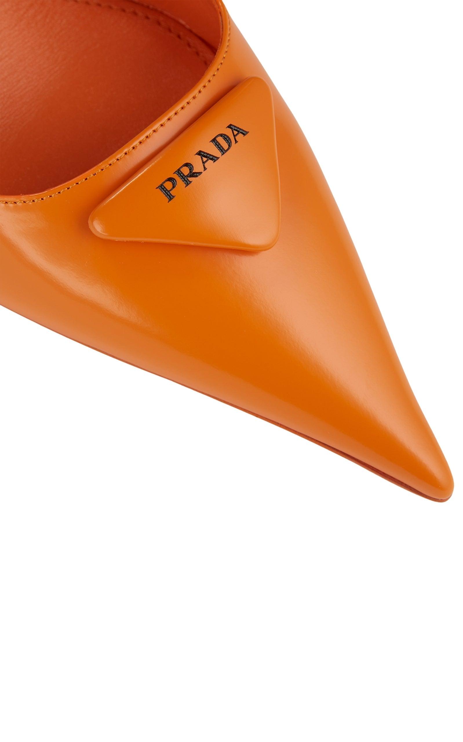  PradaTriangle-logo Leather Slingback Wedge Pumps - Runway Catalog