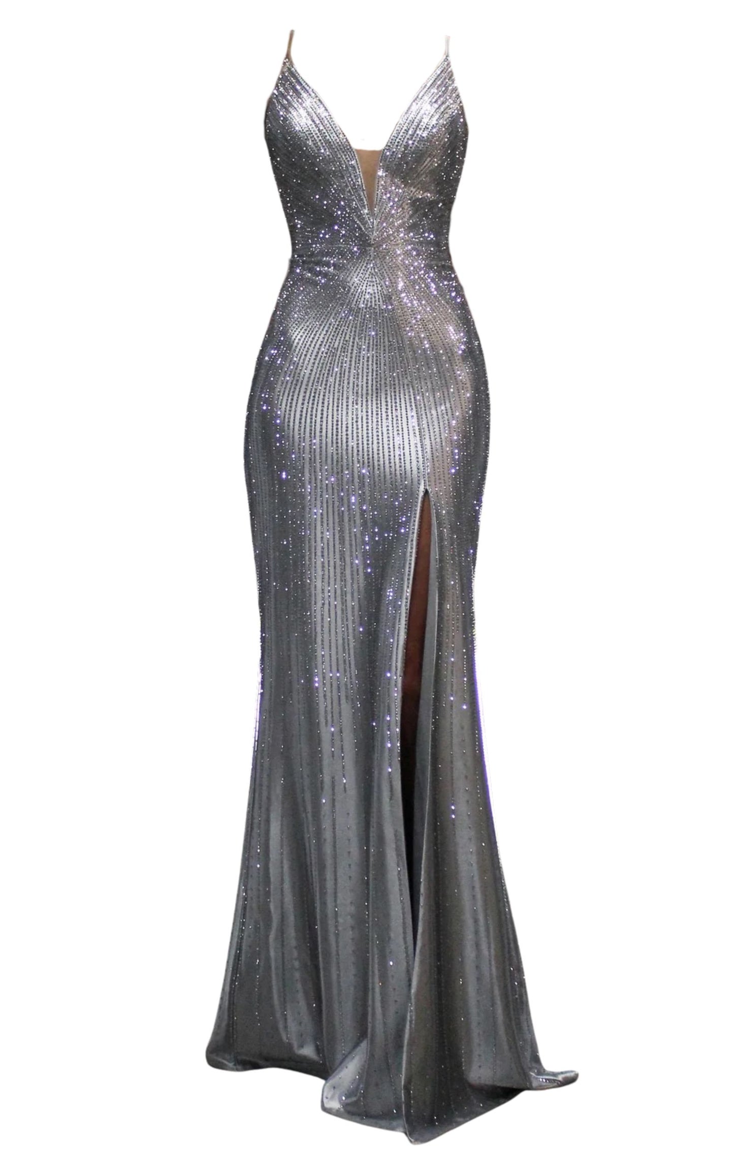 Silver Formal Dress with Rhinestone V Plunge Neckline Fitted Mermaid Leg Split