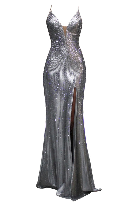 Silver Formal Dress with Rhinestone V Plunge Neckline Fitted Mermaid Leg Split