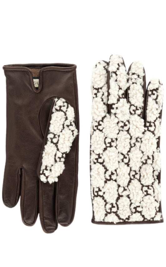 Brown Leather Embossed Monogram GG Gloves