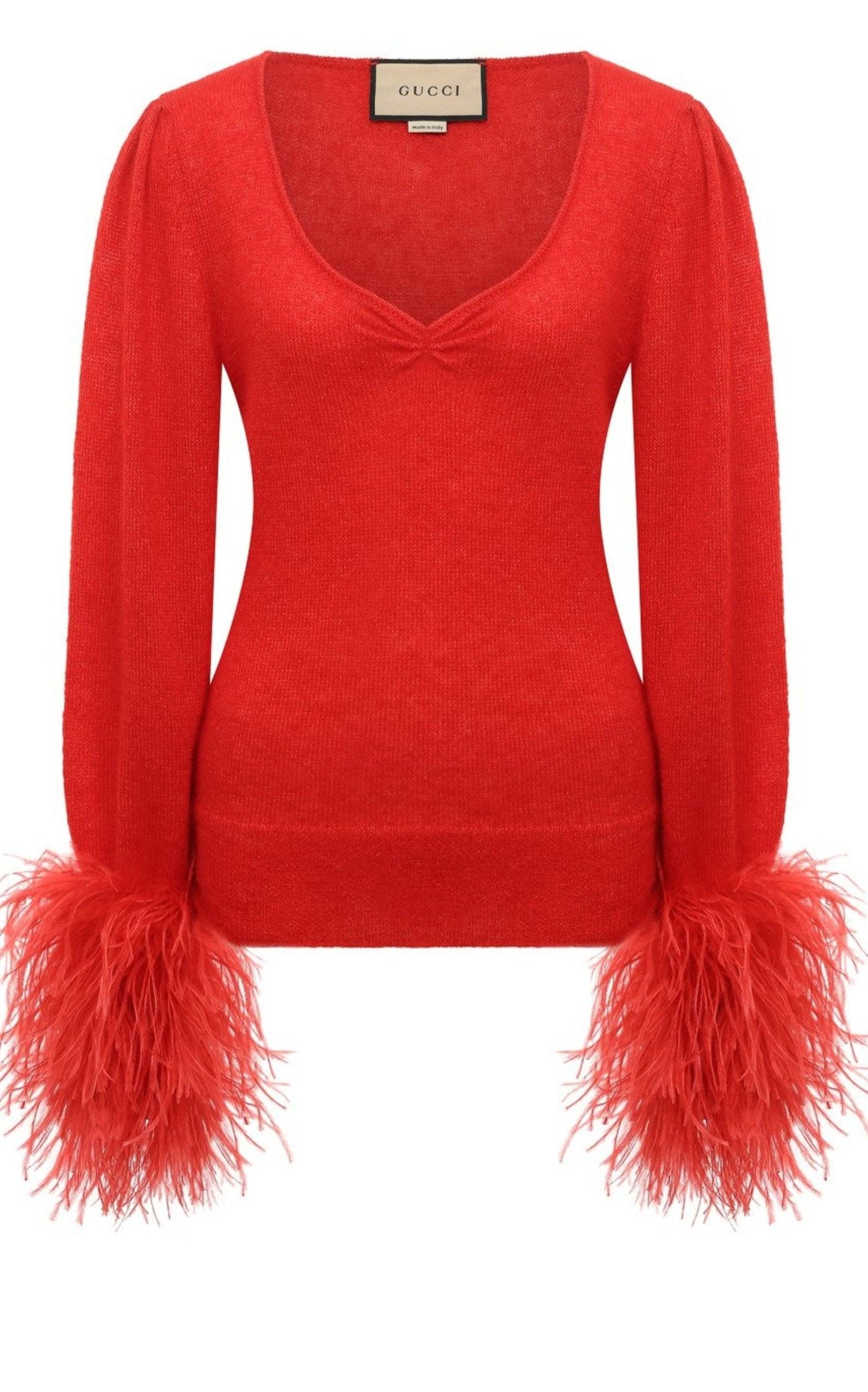 Maglione in mohair con polsini di piume rosse
