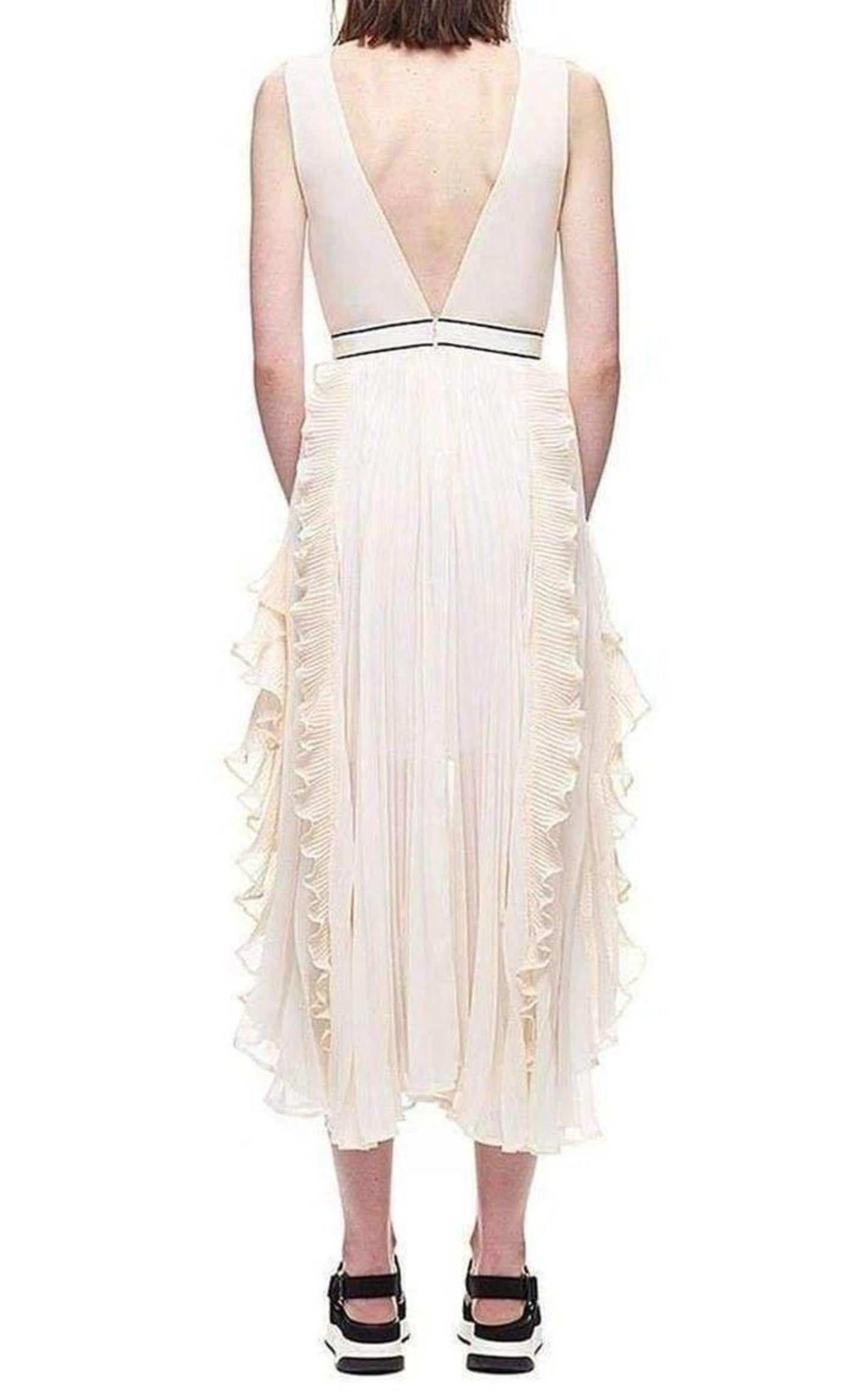  Self-PortraitV-Neck Dress with Fluted Pleats - Runway Catalog