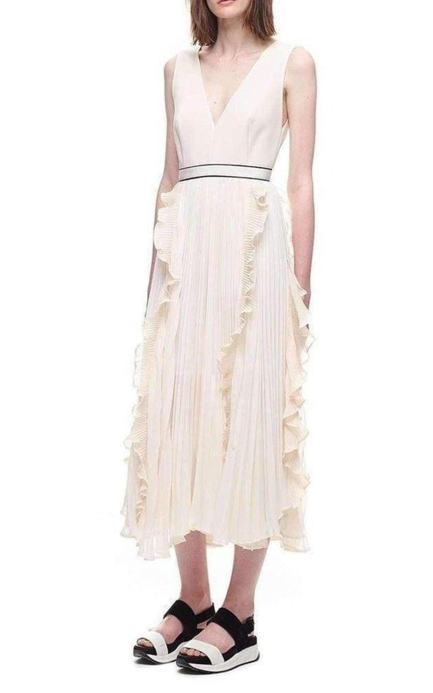  Self-PortraitV-Neck Dress with Fluted Pleats - Runway Catalog