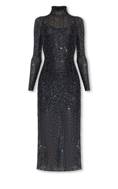 Navy Blue Sequin Knit High-Neck Dress Alaïa