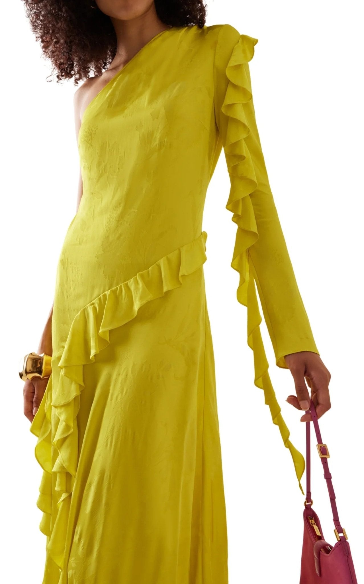 ALEJANDRA ALONSO ROJAS One Shoulder Yellow Silk Ruffle Dress - Runway Catalog