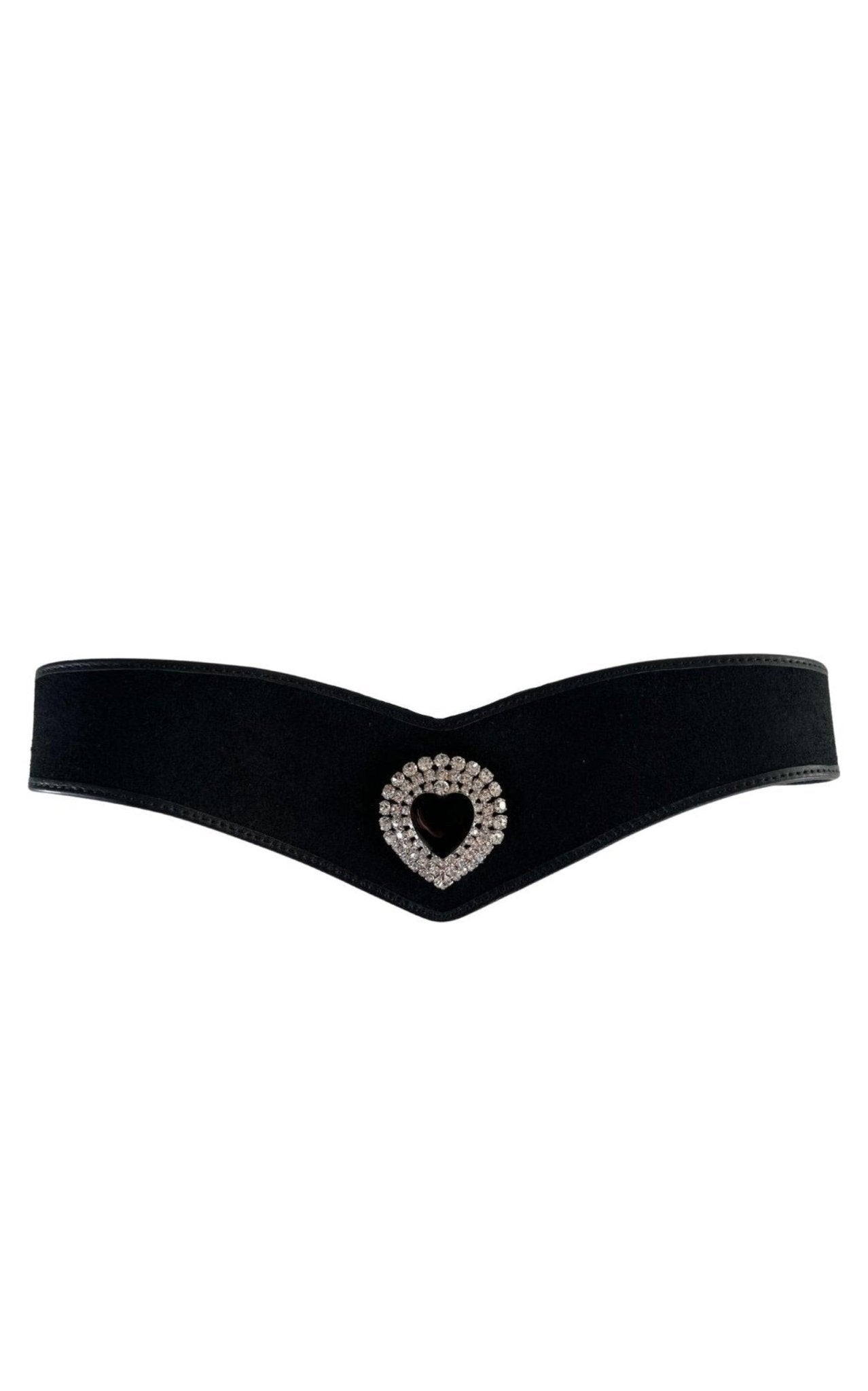 Alessandra Rich Black Leather and Velvet Crystal Heart Belt - Runway Catalog