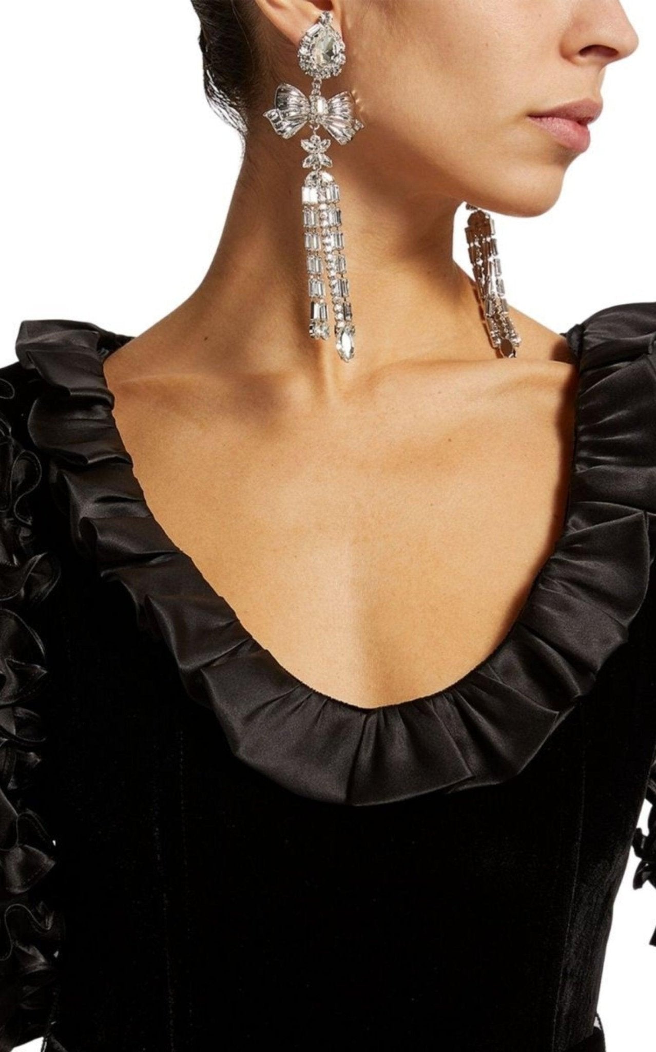 Alessandra Rich Crystal Bow Drop Clip - On Earrings - Runway Catalog